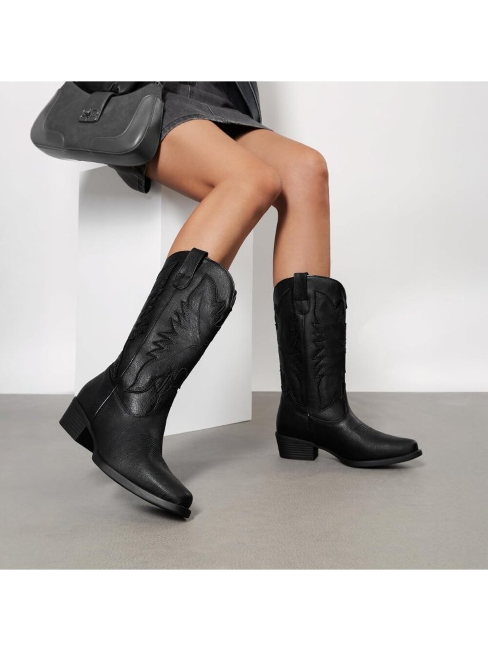 DREAM PAIRS Women's All Black Cowgirl Western Mid Calf Embroidered Snip Toe Boot - Picture 2 of 6